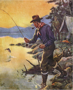 [pipe-smoking fly fisherman at camp]